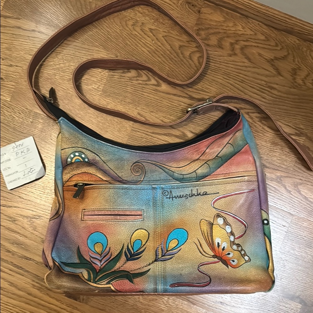 Anuschka Butterfly Peacock Hand-Painted Shoulder Bag